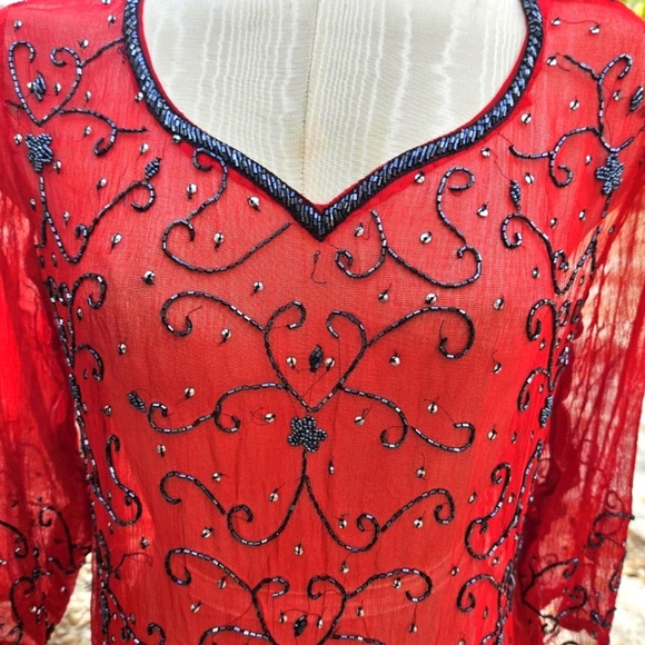 Red and Black Beaded Sheer Dress or Cover-up SZ M/L Women's - Picture 2 of 7